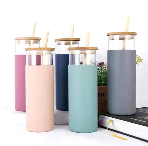 500ML Tumbler Glass Water Bottle, Silicone Bamboo Glass Cup with Straw, High Borosilicate Glass Water Bottle