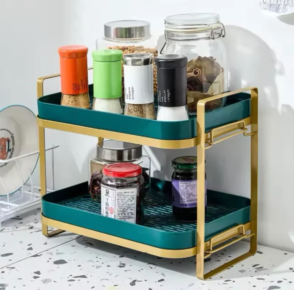 Double-Deck Kitchen Countertop Rack, 2 Tiers Cups Mugs Drying Rack With Drip Tray, Spice Jars Countertop Organizer